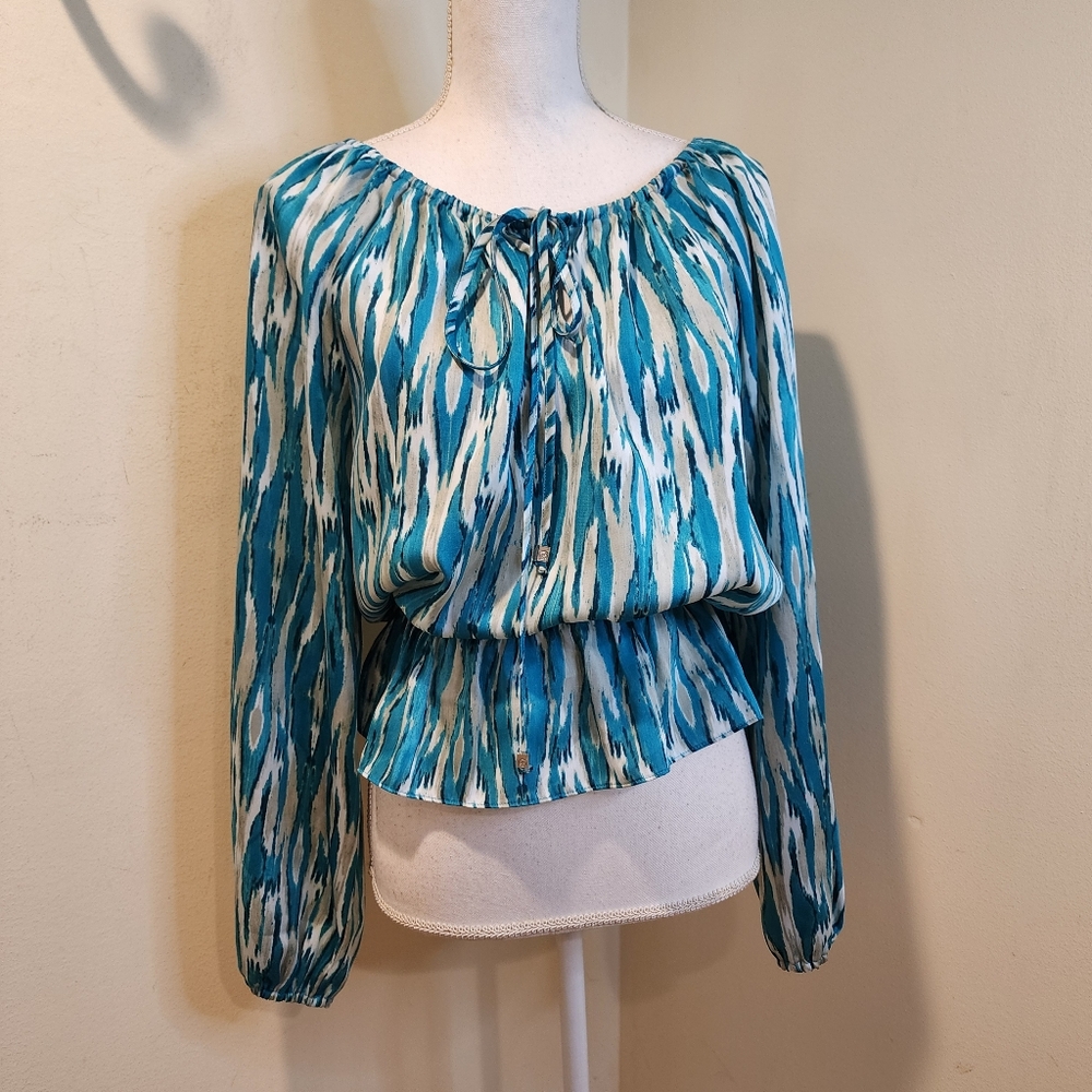 MK Teal and White Patterned Long Sleeves Kwy Hole Blouse Size M